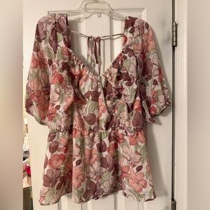 Floral V-Neck Peplum Blouse in Pink and Mauve